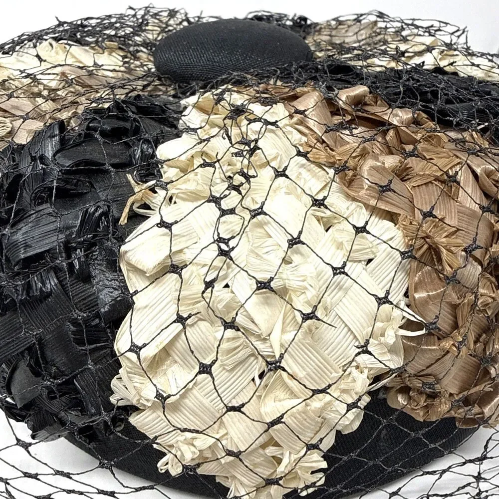 VTG 1950s Pillbox Hat Net Veil Womens Black Cream Taupe Woven Raffia Rockabilly - Picture 9 of 11